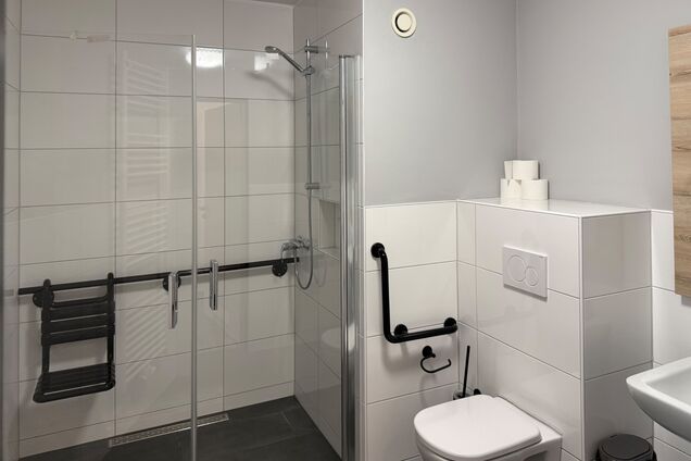 Blick auf ebenerdige Dusche und WC