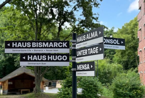 Wegweiser zu den vier unterschiedlichen Häusern, Mensa und dem Freizeitbereich